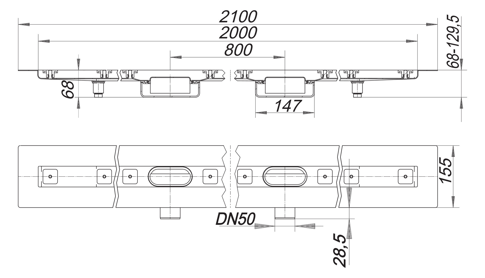 Dallmer Duschrinne CeraLine Nano F Duo 2000, L1 2000/L2 2100/L3 800 mm, DN 50