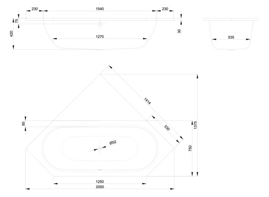 6-Eck-Badewanne BetteStarlet 2060 200x75x42cm, 1 Griff, capri