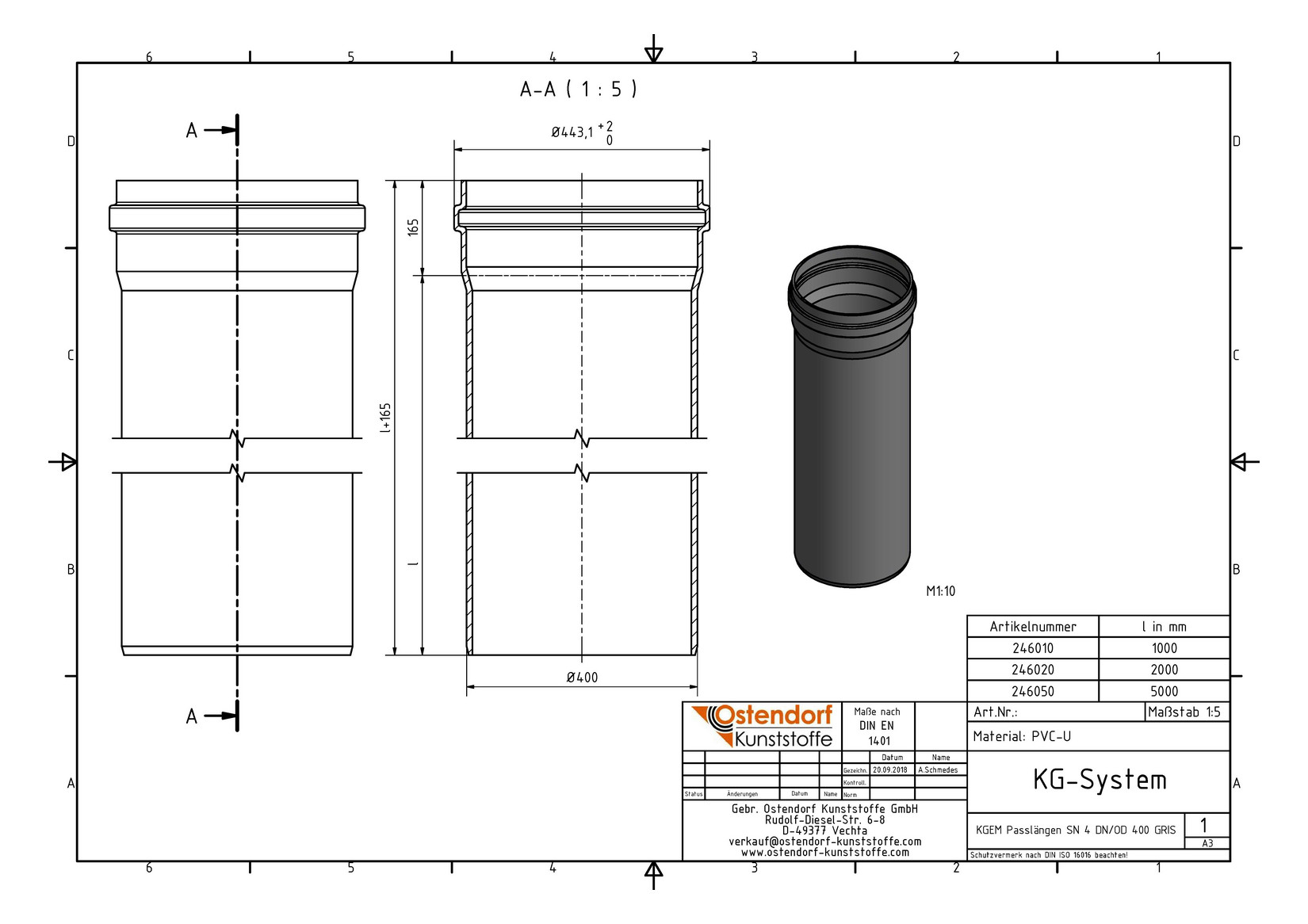 Ostendorf KG Rohr SN 4 EM DN/OD 400 x 9,8 mm, 1000 mm, mit Steckmuffe/Lippendichtung