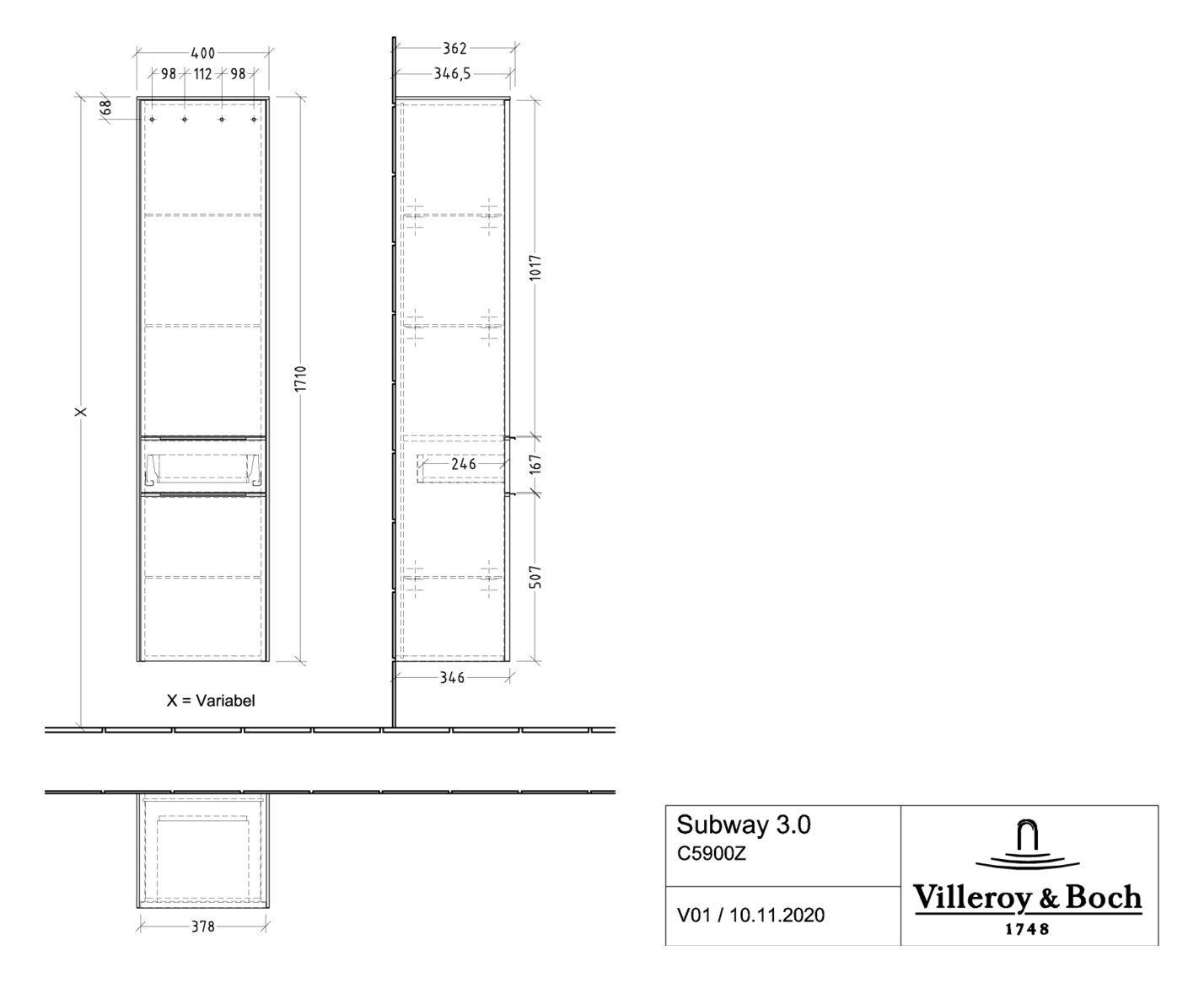 V&B Hochschrank Subway 3.0 40x171x36,2cm, Schanier links/Griff Aluminium glänzend, taupe
