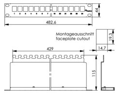 Modulträger 24Ports 1HE Schirm RAL7035 19Zoll-Einbau 44x483x116mm