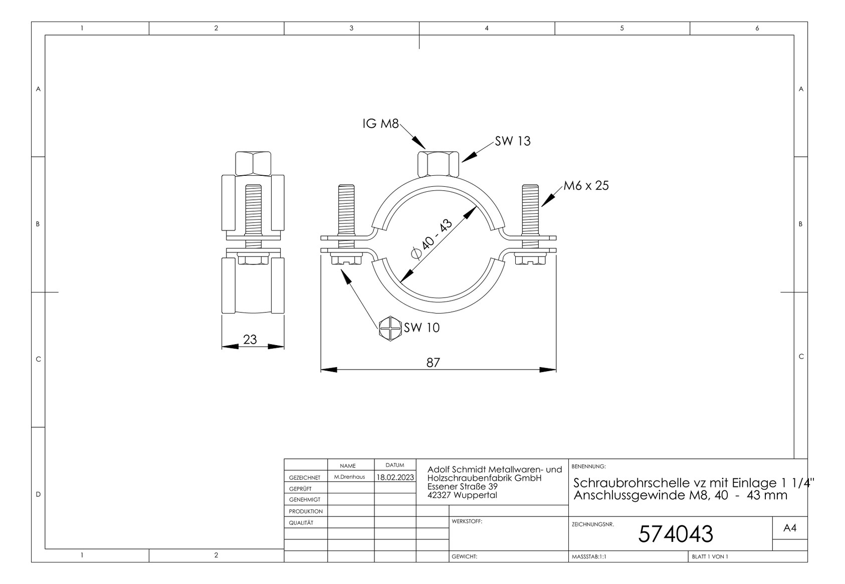 ASW Schraubrohrschelle Spannbereich 40-43 mm M 8, mit Schallschutzeinlage