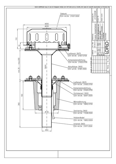 LORO DRAINLET Komplett-Flachdachablauf Serie 84 DN 50, Wärmedämmung und Heizung, Klemmflansch, Auslauf senkrecht, zweiteilig, Notablauf