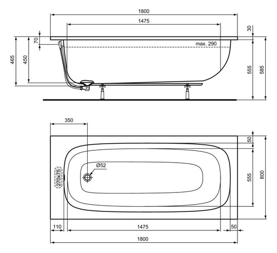 Ideal-Standard Körperform-Badewanne i.life 180 x 80 x 45 cm, weiß