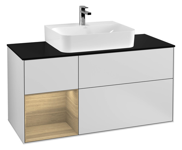 V&B Waschtisch-Unterschrank Finion 120cm, Abdeckplatte black matt, Regal links Oak Veneer, White matt lacquer V&B Waschtisch-Unterschrank Finion 120cm, Abdeckplatte black matt, Regal links Oak Veneer, White matt lacquer