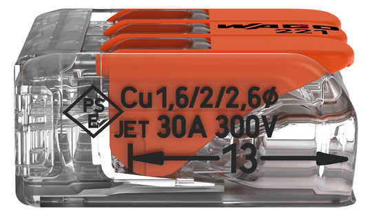 Steckklemme 3f 450V 41A Serie 221 0,5-6qmm m.BetätiHebel f.Massivleiter