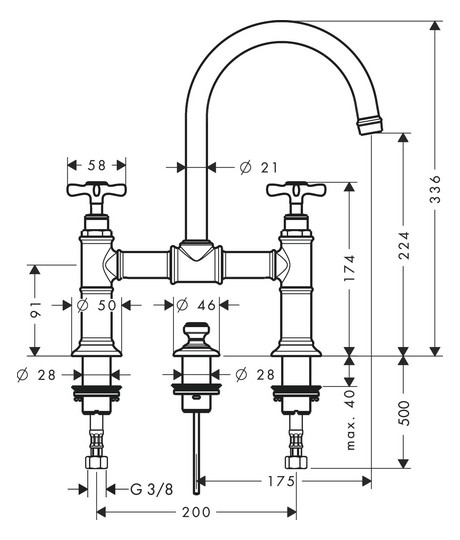 hansgrohe 2-Griff-Waschtisch-Brücken-Armatur 220 Axor Montreux Ausladung 175mm, mit Kreuzgriffe, Zugstangen-Ablaufgarnitur, polished red gold