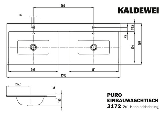 Kaldewei Aufsatz-Waschtisch CONO 3086, 90 x 50 x 12 cm, warm beige 20, ohne Überlauf, 1 Hahnloch