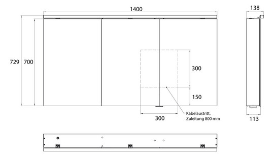 EMCO Aufputz-Lichtspiegelschrank flat 2 Classic 1400x729mm, LED-Aufsatzleuchte, 3-türig, Aluminium