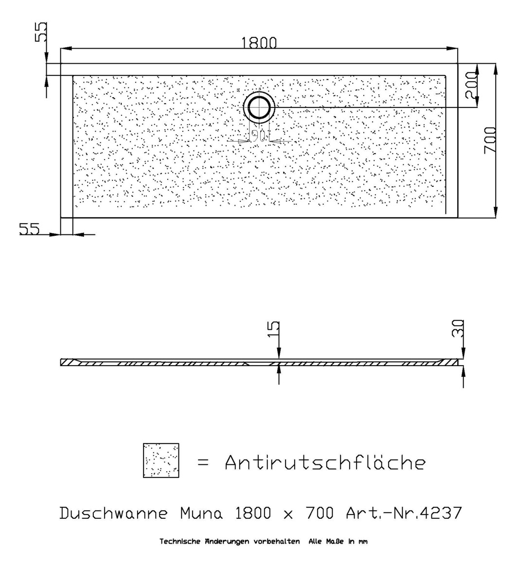 Hoesch Mineralguss-Duschwanne Muna 180 x 70 x 3 cm, Steingrau, Solique, Antirutsch