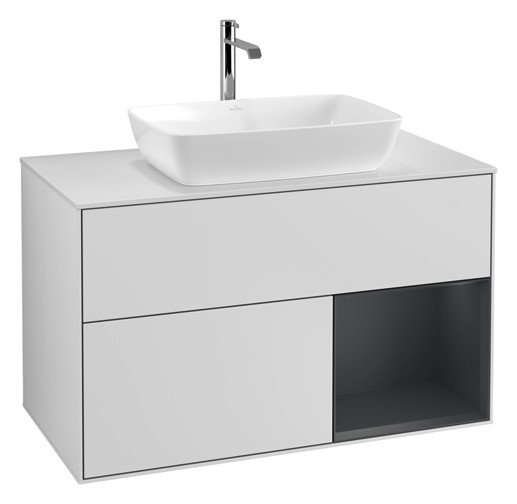 V&B Waschtisch-Unterschrank Wandbeleuchtung Finion 100cm, Abdeckplatte white matt, Regal Midnight matt lacquer, White matt lacquer