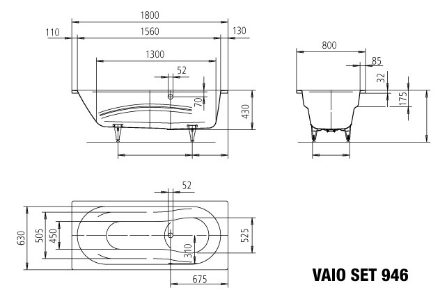 Kaldewei Badewanne VAIO SET 946 180x80cm, Griffloch, SÜL, Vollantislip, schwarz Kaldewei Badewanne VAIO SET 946 180x80cm, Griffloch, SÜL, Vollantislip, schwarz