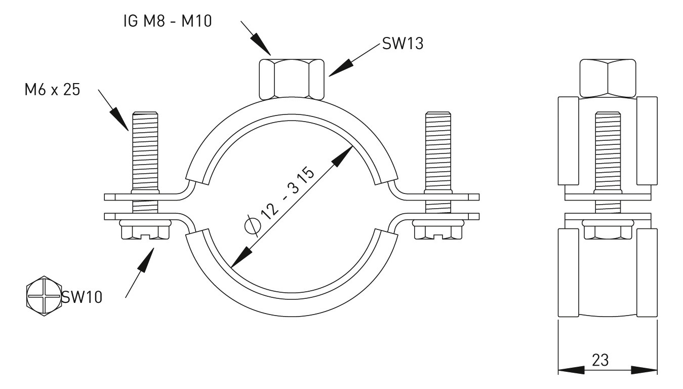 ASW Schraubrohrschelle Spannbereich 137-142 mm M 8/M 10, mit Schallschutzeinlage