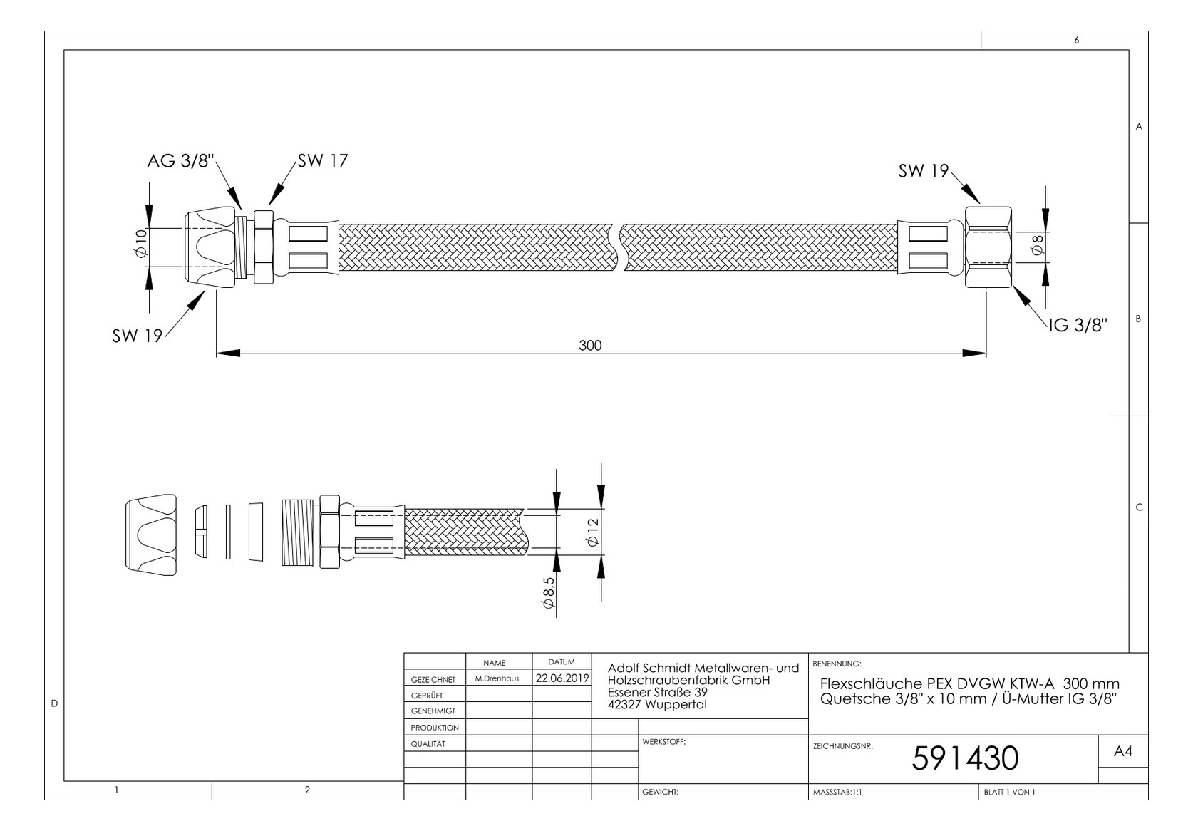 ASW Flex-Trinkwasserschlauch 300 mm, 3/8"x10mm Quetschverschraubung, 3/8" IG Überwurfmutter