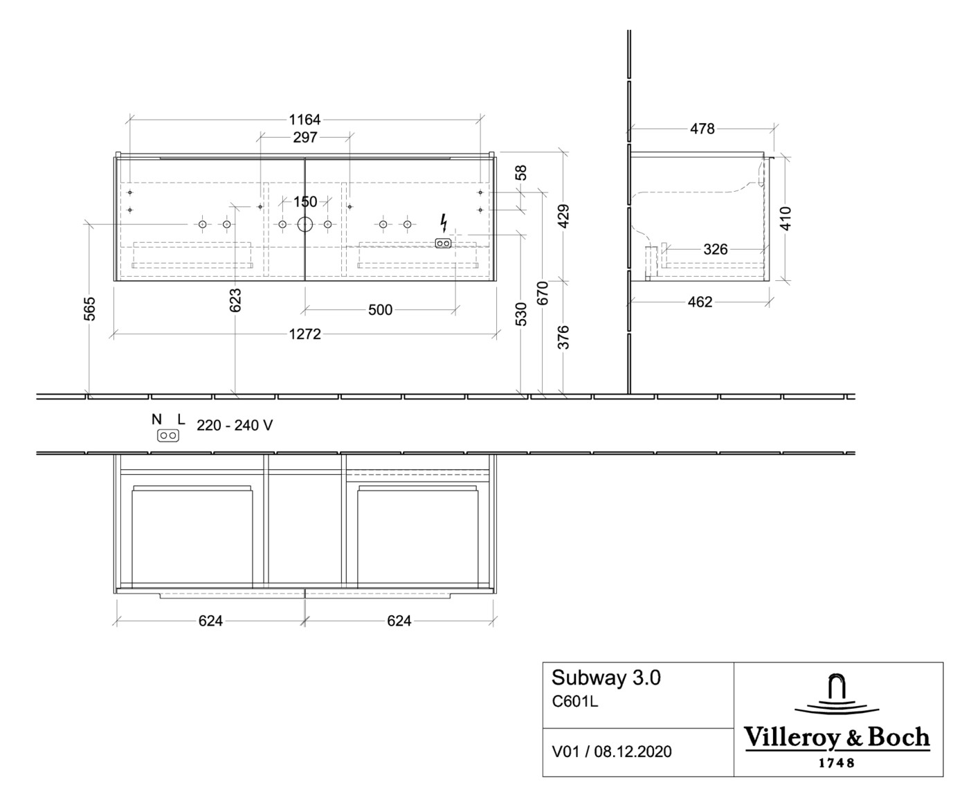 V&B Waschtisch-Unterschrank Subway 3.0 127,2x42,9x47,8cm, mit LED/Griff Volcano black, arizona oak