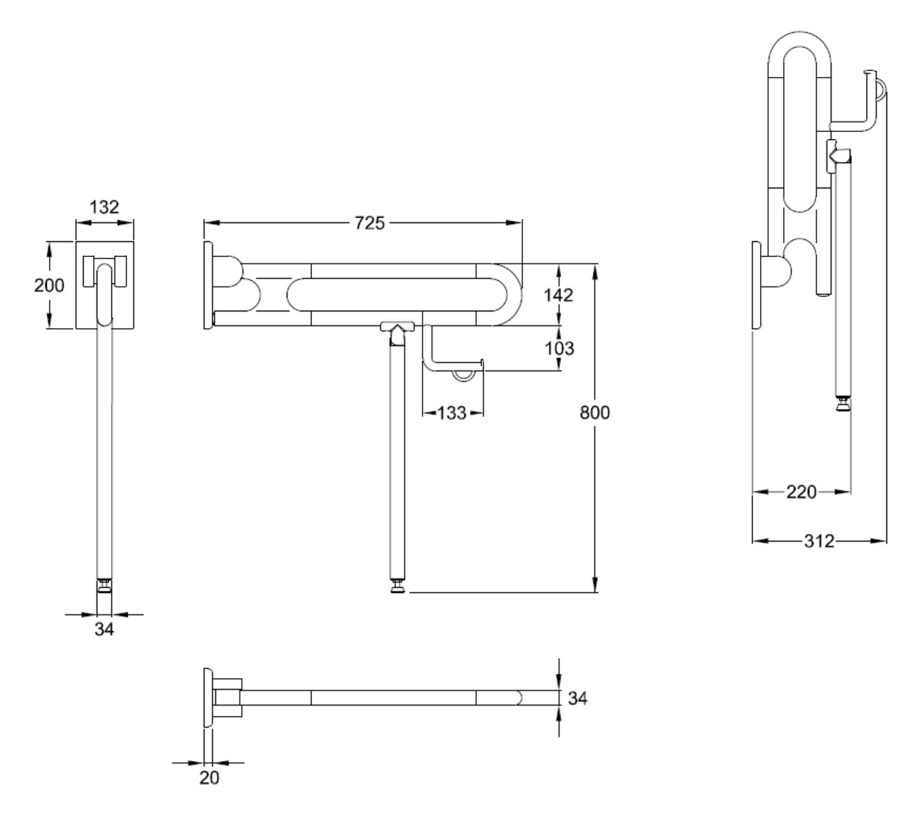 Normbau Stützklappgriff Nylon Care 800mm, 725 mm, Bodenstütze, Papierrollenhalter, schwarz Normbau Stützklappgriff Nylon Care 800mm, 725 mm, Bodenstütze, Papierrollenhalter, schwarz