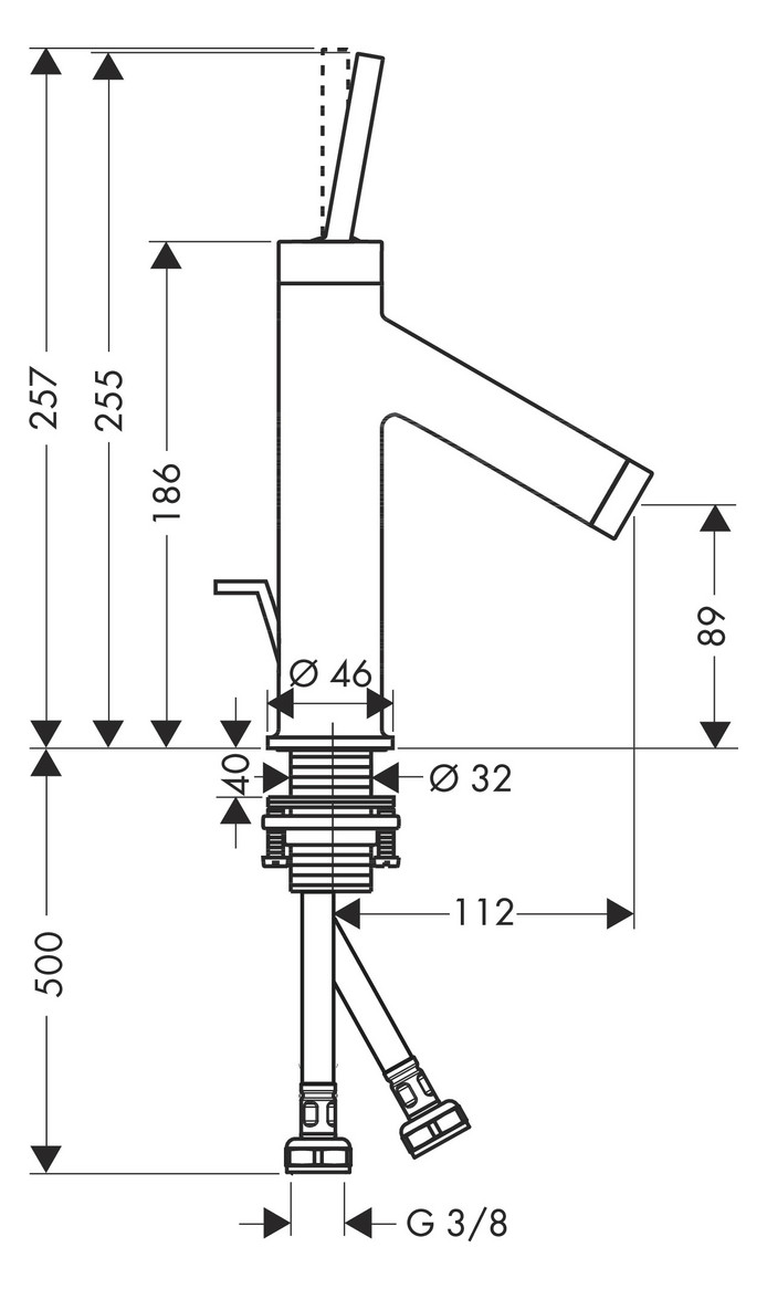 hansgrohe Waschtisch-Einhebelmischer 90 Axor Starck Ausladung 112mm, mit Pin-Griff, mit Zugstangen-Ablaufgarnitur, polished black chrome