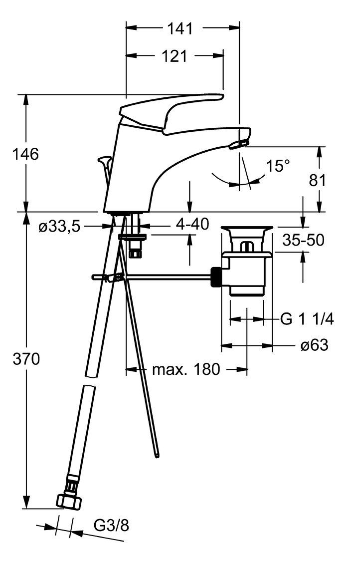 HANSA Waschtisch-Einhebelmischer HANSAMIX mit Ablaufgarnitur, flexible Druckschläuche, Ausladung 141 mm, chrom