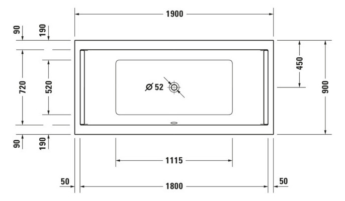 Duravit Rechteck-Badewanne Starck 190 x 90 x 46 cm, Einbauversion, 2 Rückenschrägen, weiß