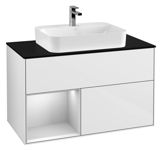 V&B Waschtisch-Unterschrank Finion 100cm, Abdeckplatte black matt, Regal links White matt lacquer, Glossy white lacquer