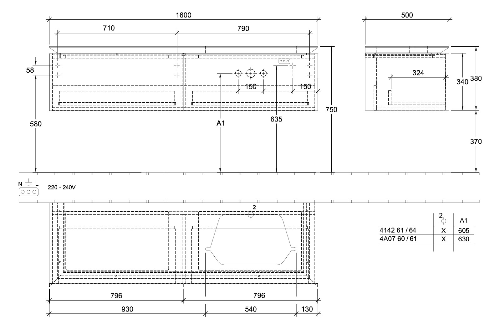 V&B Waschtischunterschrank Legato 160x38x50cm, Waschtisch rechts, mit LED-Beleuchtung, Stone Oak