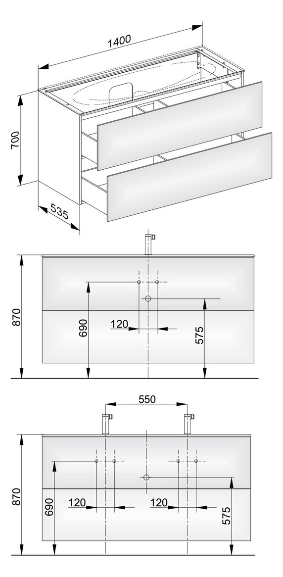 KEUCO Waschtischunterschrank Edition 11 140x70x53,5cm, 2 Frontauszüge, Lack Seidenmatt, Glas weiß satiniert