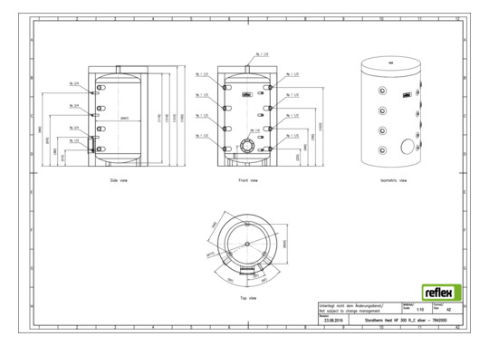 Reflex Pufferspeicher Storatherm Heat HF 300/R_C, Ø 797 mm, 3 bar, mit Reinigungsöffnung und Isolierung, silber