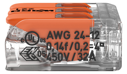 Steckklemme 3f 450V 32A Serie 221 0,2-4qmm m.BetätiHebel f.Massivleiter