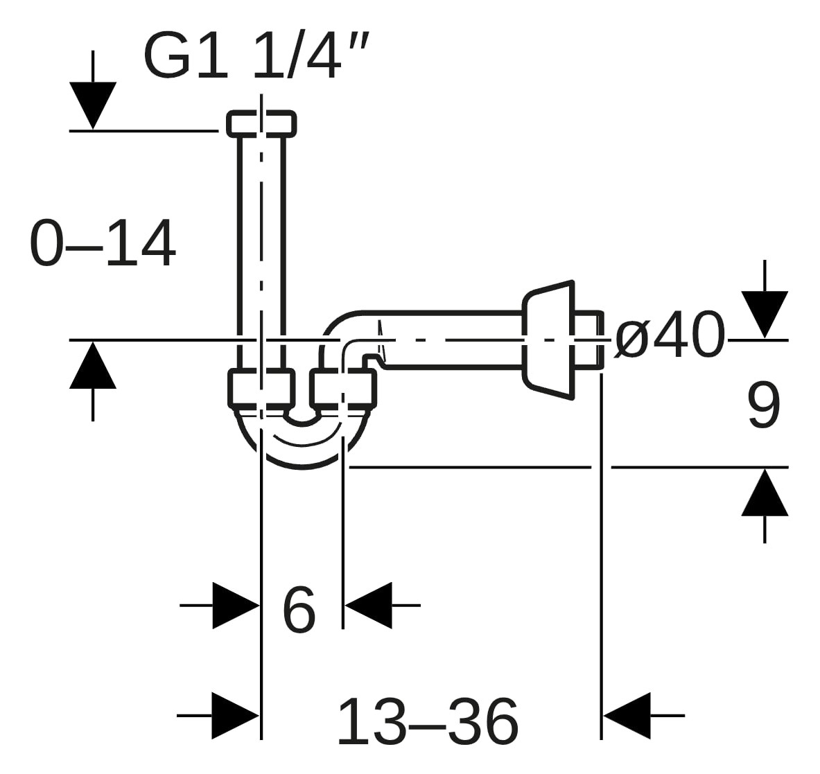 Geberit Rohrbogengeruchsverschluss 1 1/4" x 40 mm, für Waschbecken und Bidet, Abgang horizontal, hochglanz-verchromt