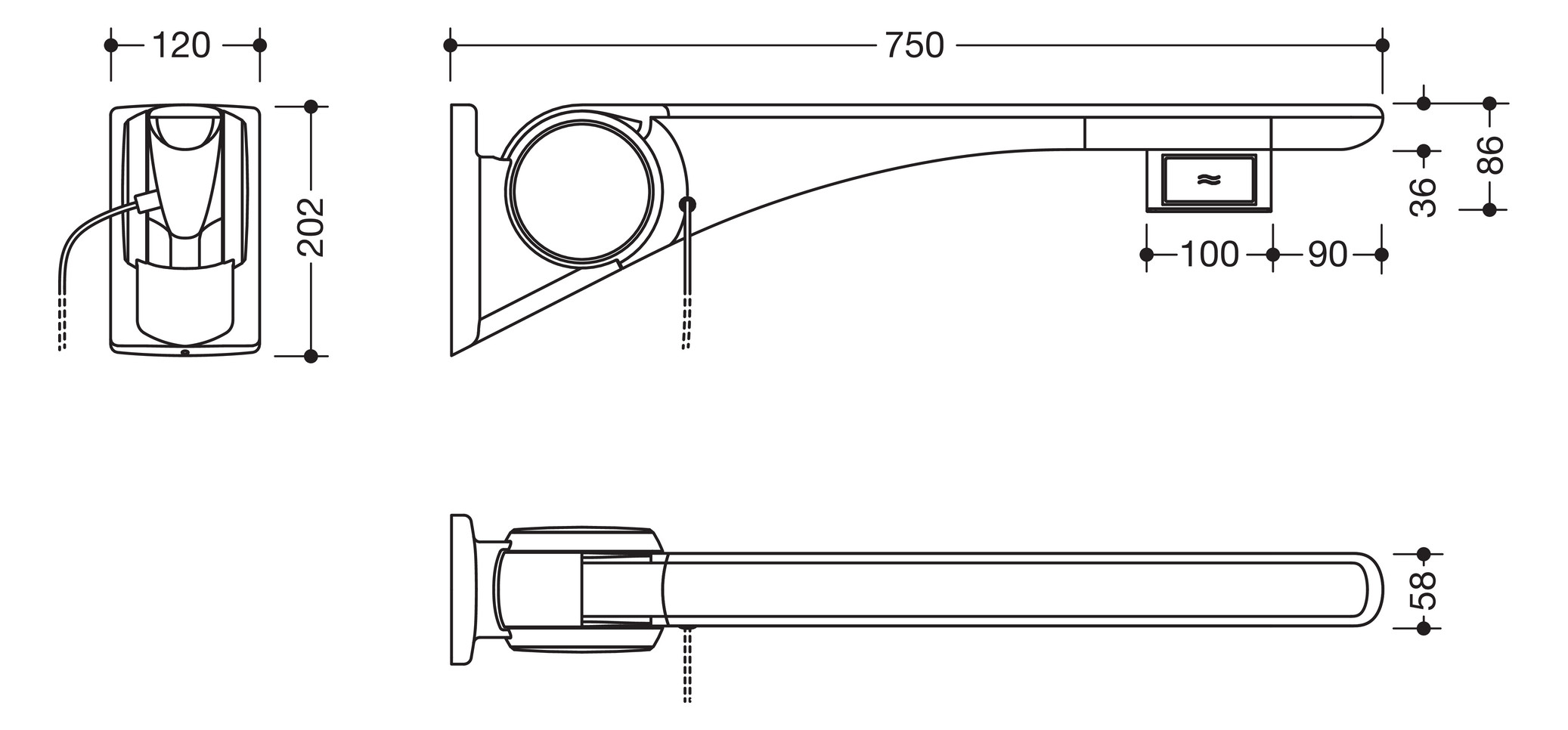 HEWI Stützklappgriff 802 LifeSystem Basic 750, anthrazit hochglanz/anthrazit matt, Spülauslösung, links