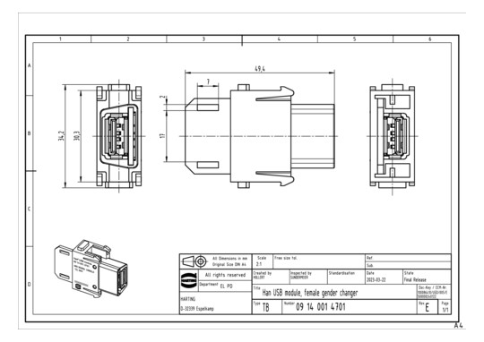 HART Han 1 Mod-F USB Wanddur 09140014701 