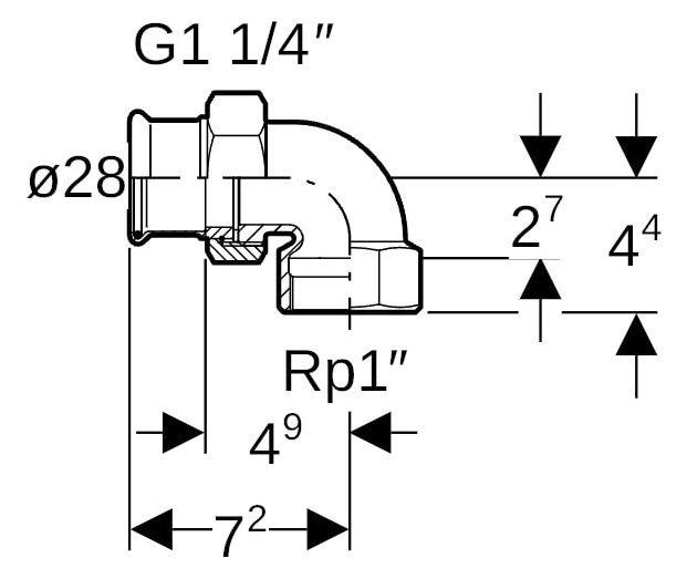 Geberit Übergangswinkelverchraubung Mapress 28 mm x Rp 1, Kupfer, 90°, flachdichtend, mit Innengewinde, Rotguss Geberit Übergangswinkelverchraubung Mapress 28 mm x Rp 1, Kupfer, 90°, flachdichtend, mit Innengewinde, Rotguss