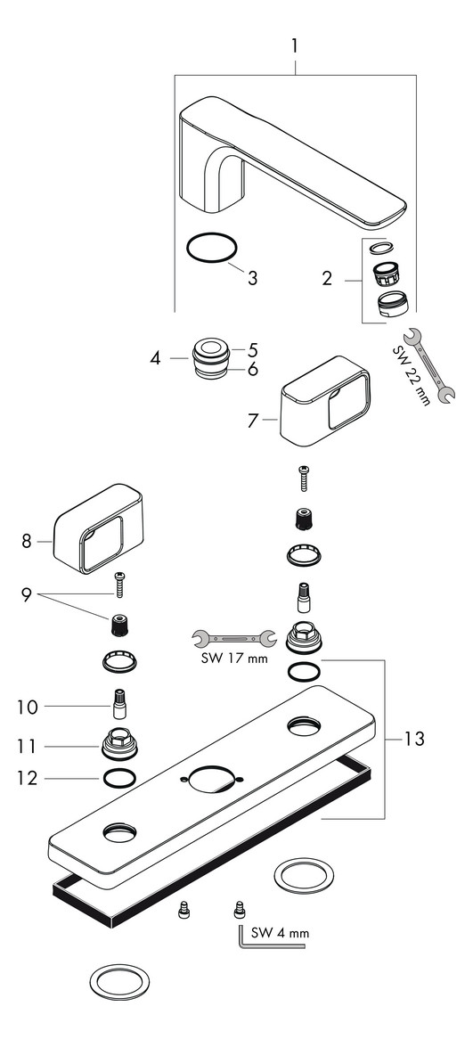 hansgrohe Fertigmontageset Axor Urquiola 3-Loch-Wannenrandarmatur, Ausladung 198mm, chrom