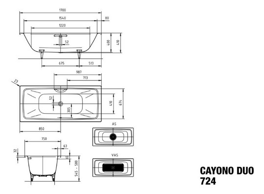 Kaldewei Badewanne CAYONO DUO-724 170x75cm, Griffloch, alpinweiß matt