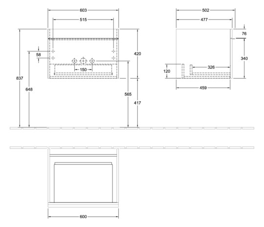 V&B Waschtisch-Unterschrank Venticello 60,3x42x50,2cm, Griff Chrom, stone oak