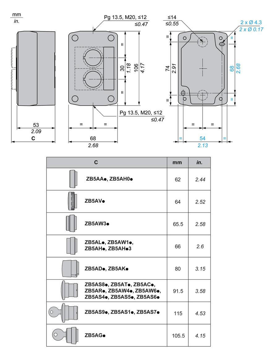Aufbaugehäuse Kst 2f Ø22,5mm IP54 68x106x53mm
