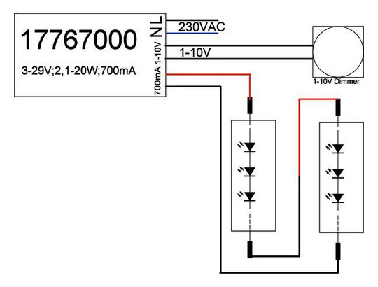 LED-Steuerung 2,1-20W 700mA 28,5V IP20 1-10V Dimmung 1-10 V Kstgeh dyn