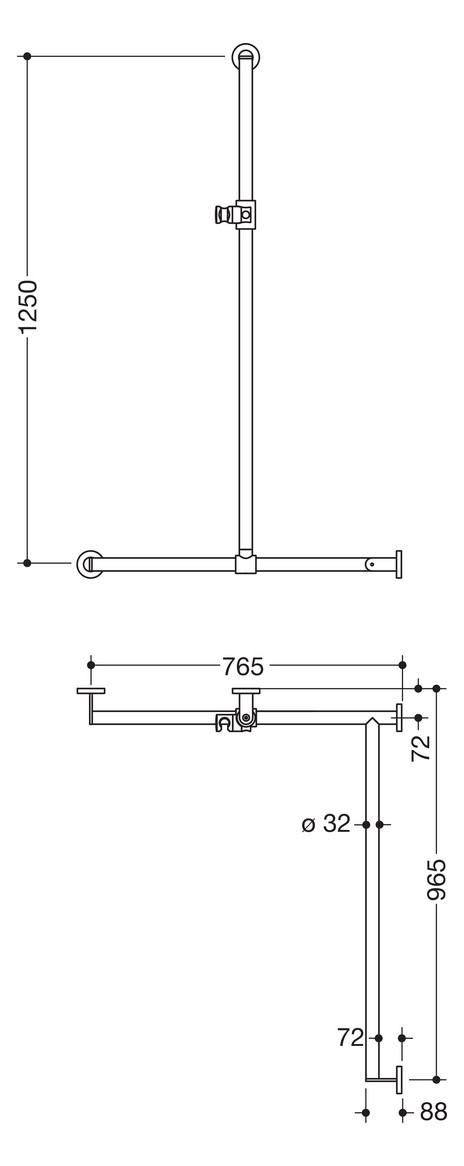 HEWI Duschhandlauf System 900 1250 x 765 x 965 mm, Brausehalter signalweiß, rechts