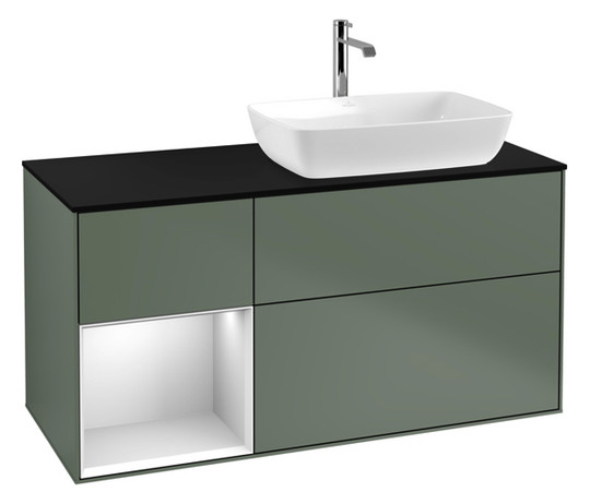 V&B Waschtisch-Unterschrank Finion 120cm, Abdeckplatte black matt, Regal White matt lacquer, Olive Matt Lacquer
