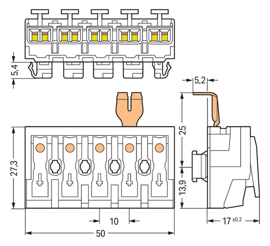 Klemmleiste 5p ws Serie 294 24A Thermopl 0,5-2,5qmm 50mm Federzugans Steckklemm