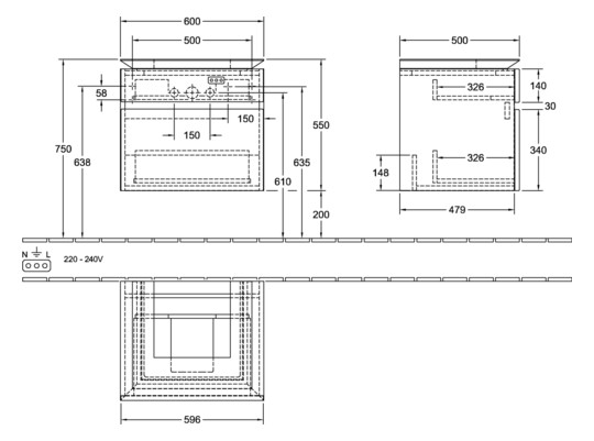 V&B Waschtischunterschrank Legato 60x55x50cm, Waschtisch mittig, Stone Oak