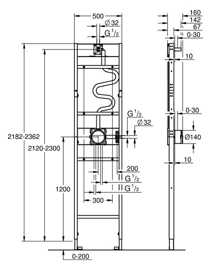 GROHE Dusch-Element Rapido BH 222-240 cm, mit Handbrause, Kopfbrause, für Vorwandinstallation oder Trockenbau