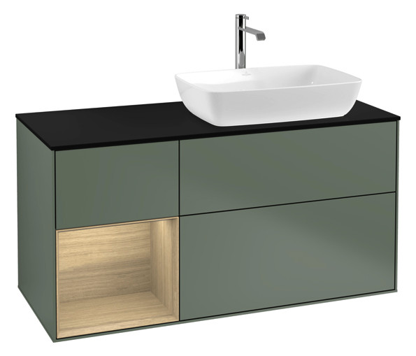 V&B Waschtisch-Unterschrank Finion 120cm, Abdeckplatte black matt, Regal Oak Veneer, Olive Matt Lacquer