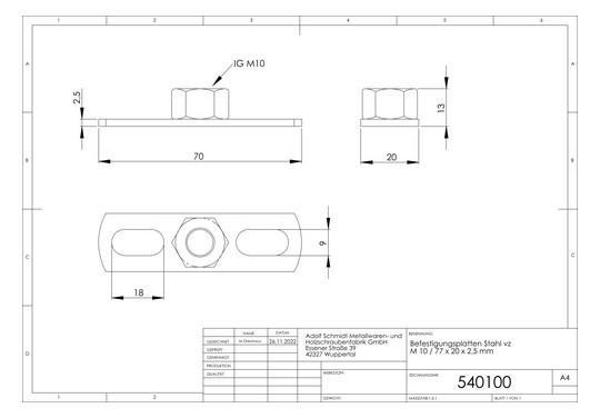 ASW Befestigungsplatte 77 x 25 x 2 mm, M10, Stahl verzinkt