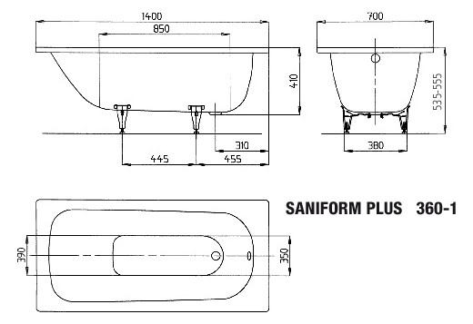 Kaldewei Badewanne SANIFORM PLUS 360-1 140x70cm, Perl-Effekt, schwarz
