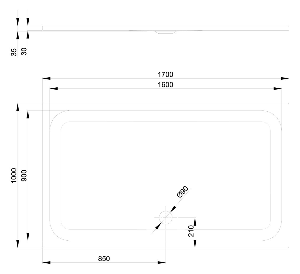 Duschwanne BetteUltra 5806 170x100x3,5cm, Mini-Wannenträger, raven