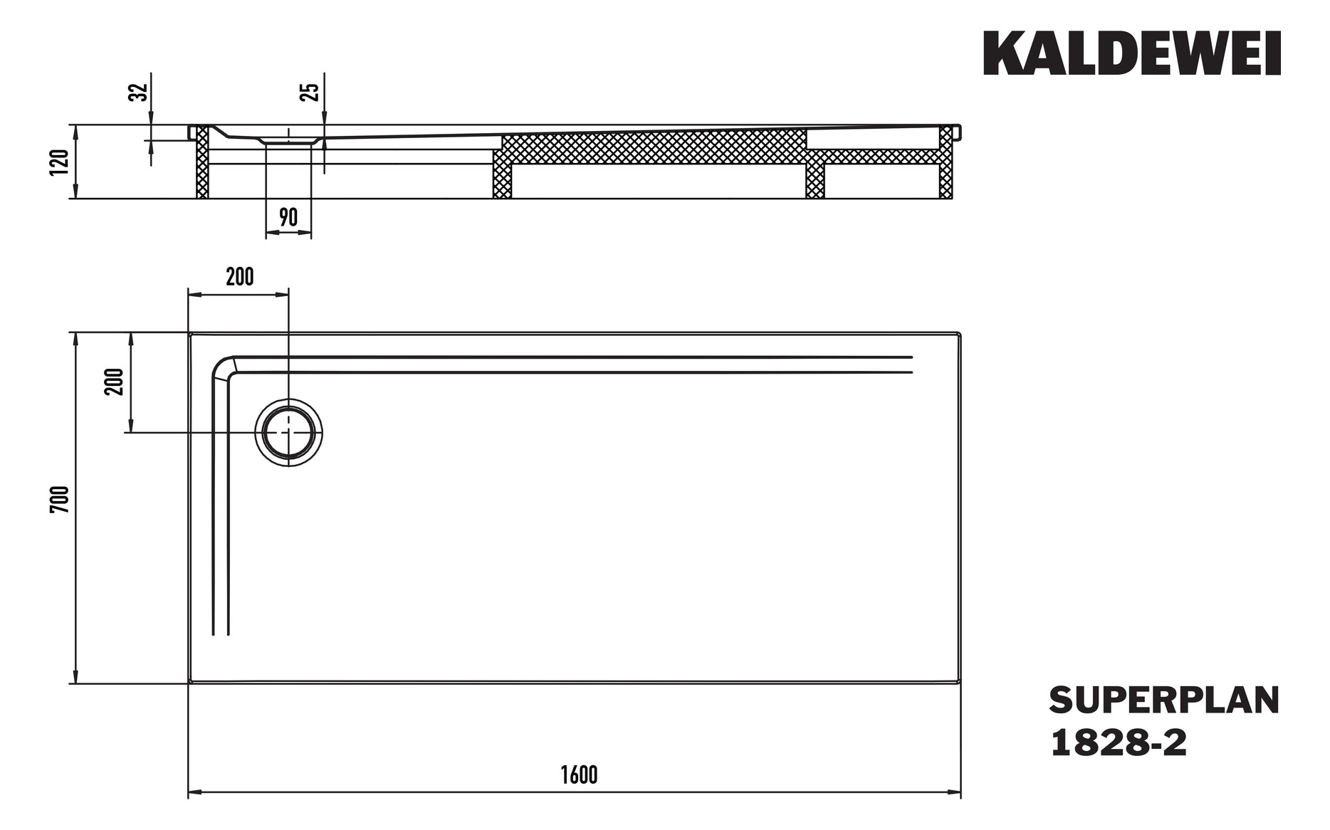 Kaldewei Duschwanne SUPERPLAN XXL 1828-2 70x160x3,9cm, mit Träger, Antislip Secure Plus, warm grey10