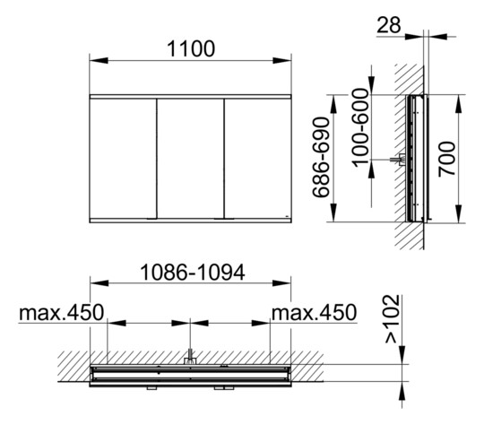 KEUCO Spiegelschrank Royal Modular 2.0 110 x 70 x 12 cm, 2 Steckdosen, UP, 3-türig