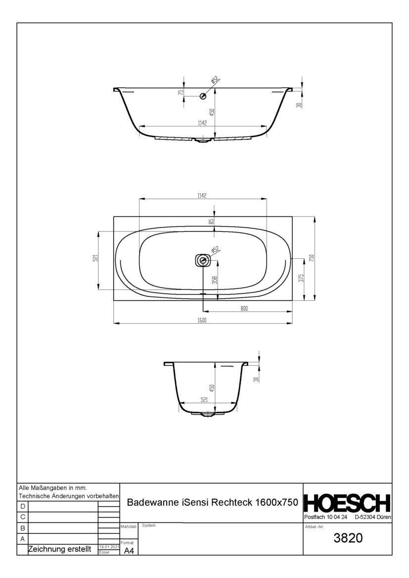 Hoesch Badewanne iSENSI Rechteck, 160 x 75 cm, 138 l
