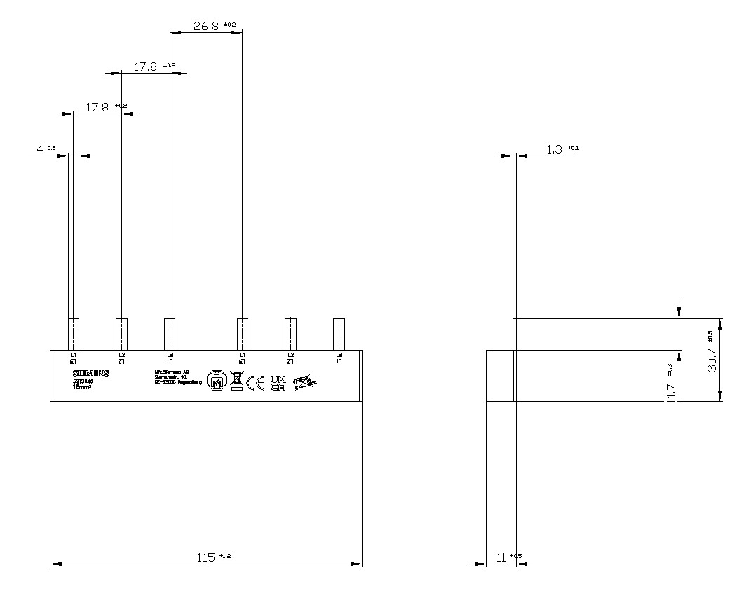 Phasenschiene 3ph 18mm 115mm 16qmm 80A Stift Isoliert